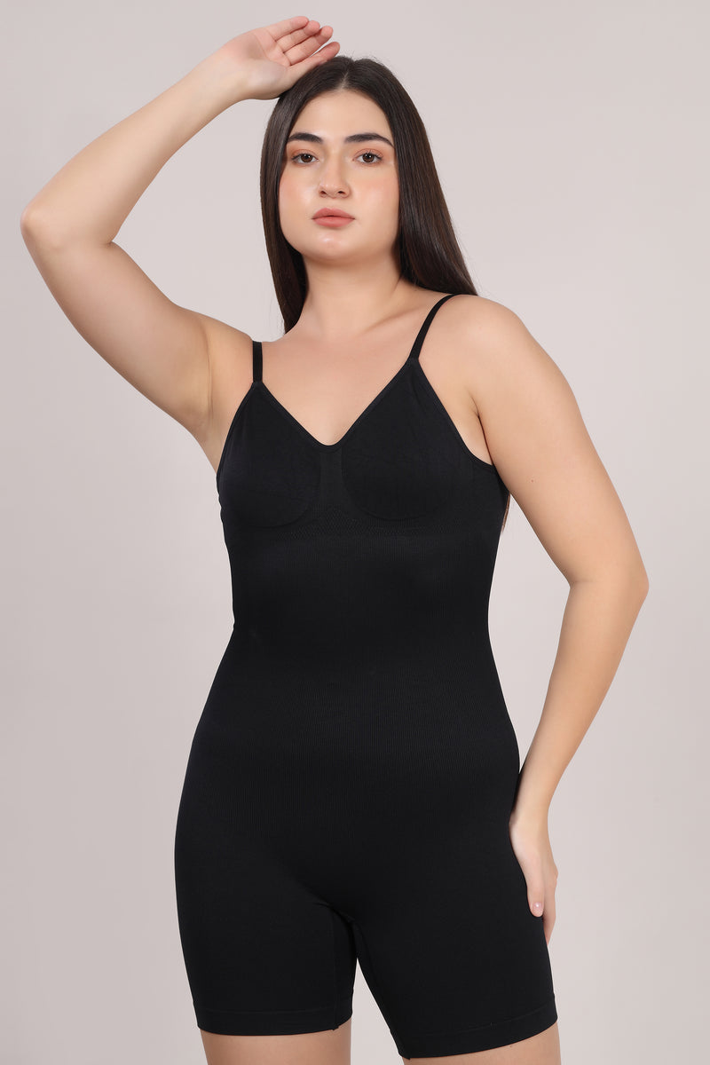 Black Open Back Mid Thigh Bodysuit