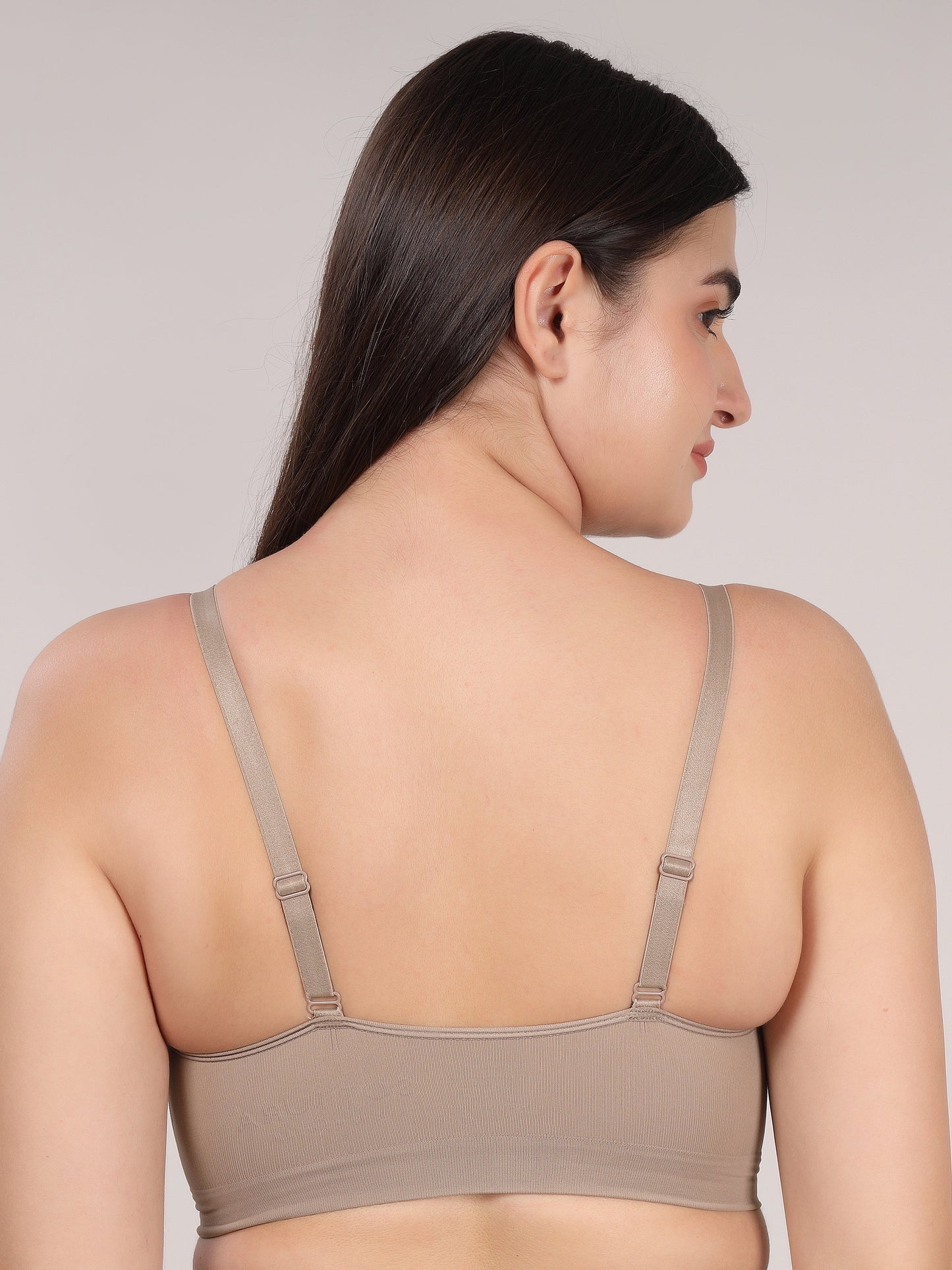 Beige wireless V-neck bralette showing gentle lift and support