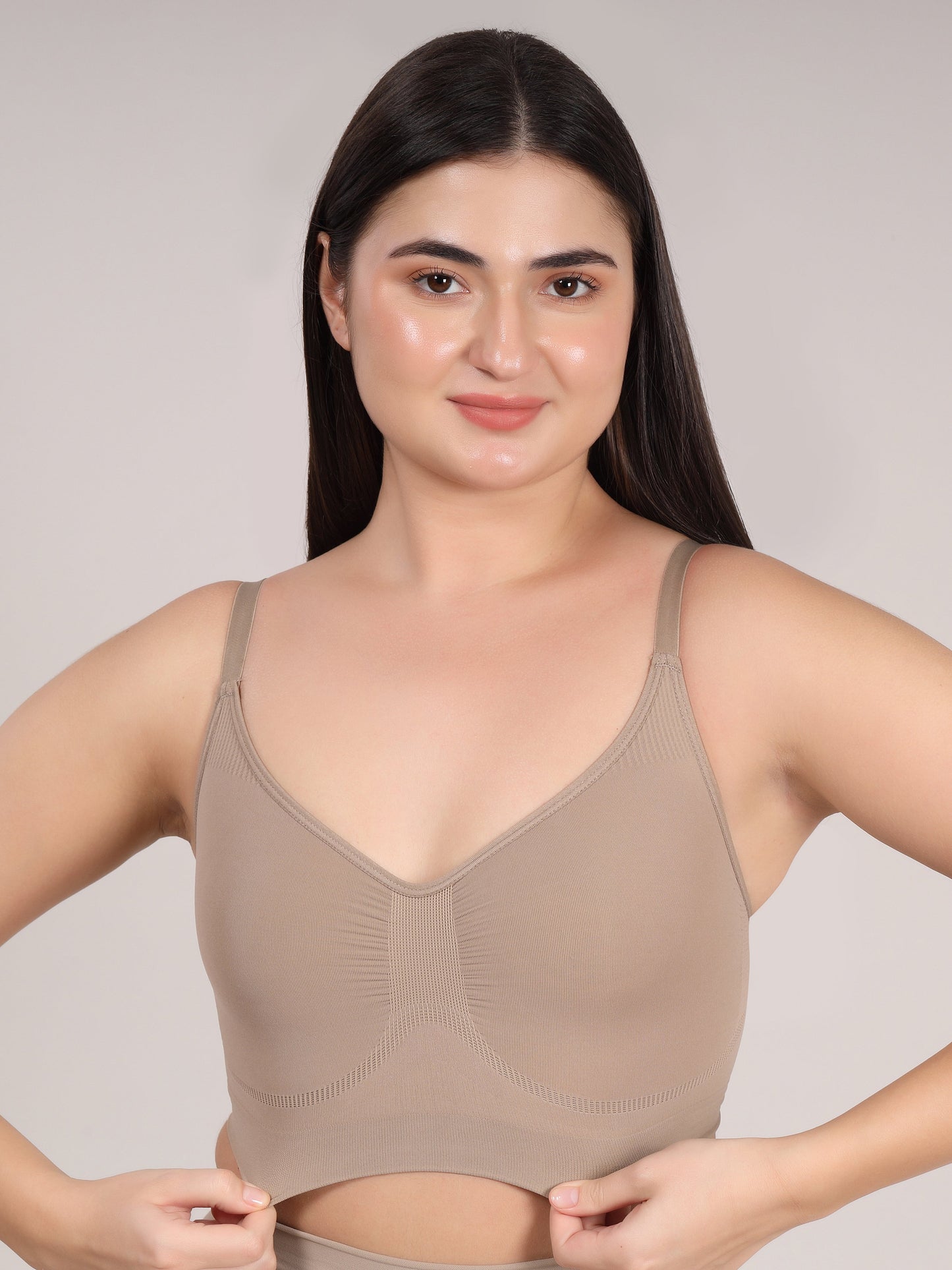 Beige nude seamless bralette side view with wide comfortable straps