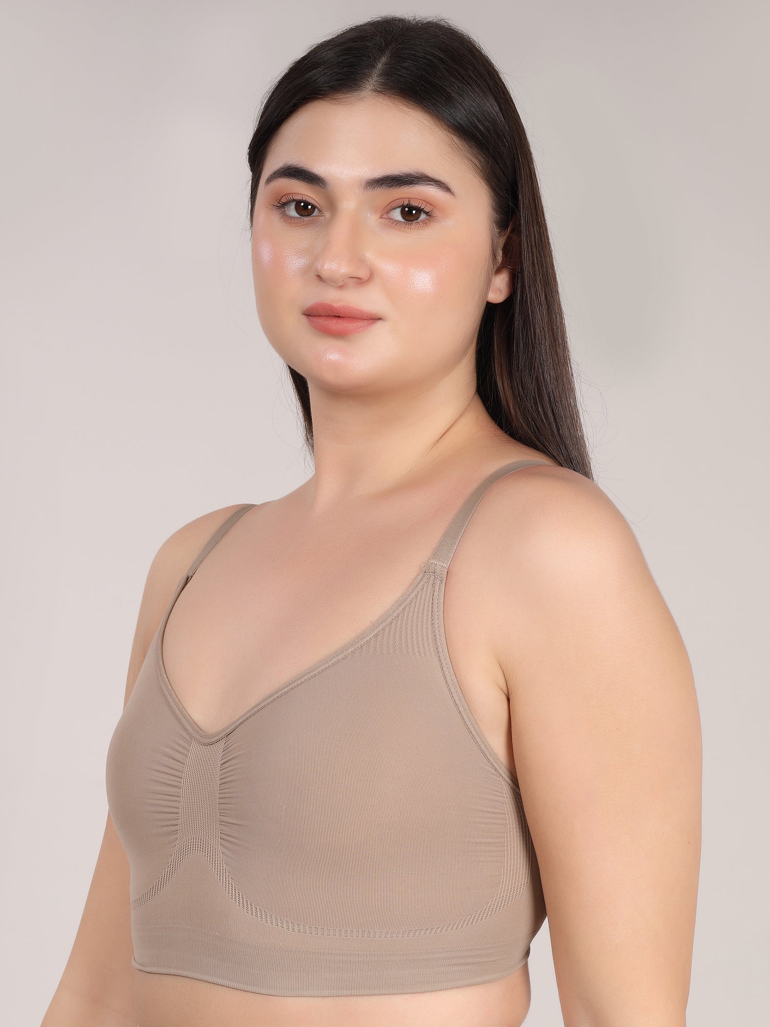Beige seamless V-neck bralette front view by Sottura
