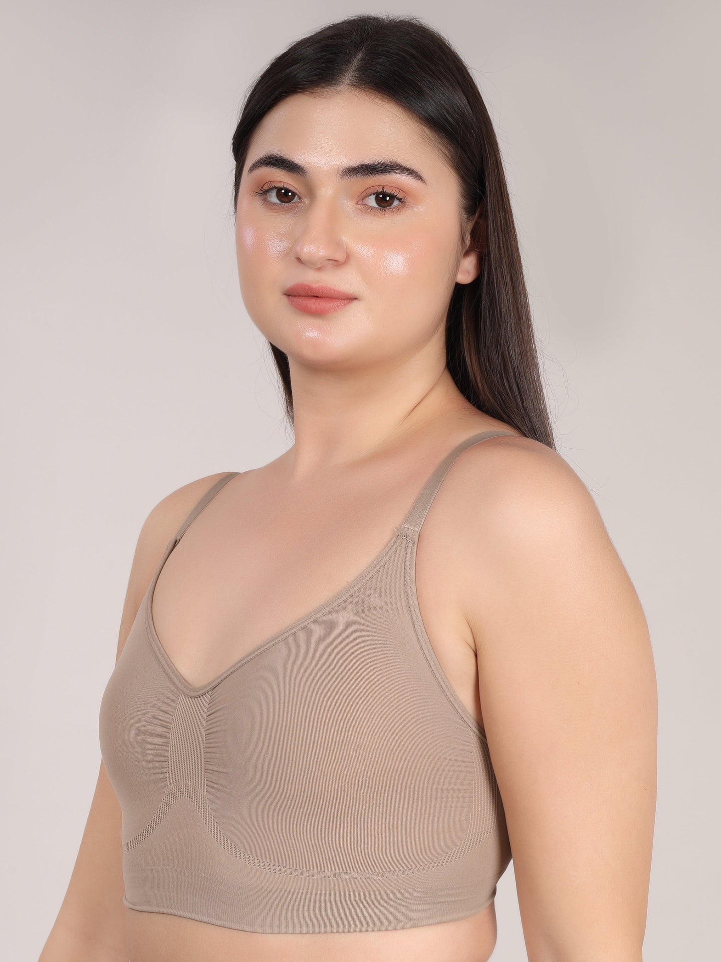 Beige seamless V-neck bralette front view by Sottura