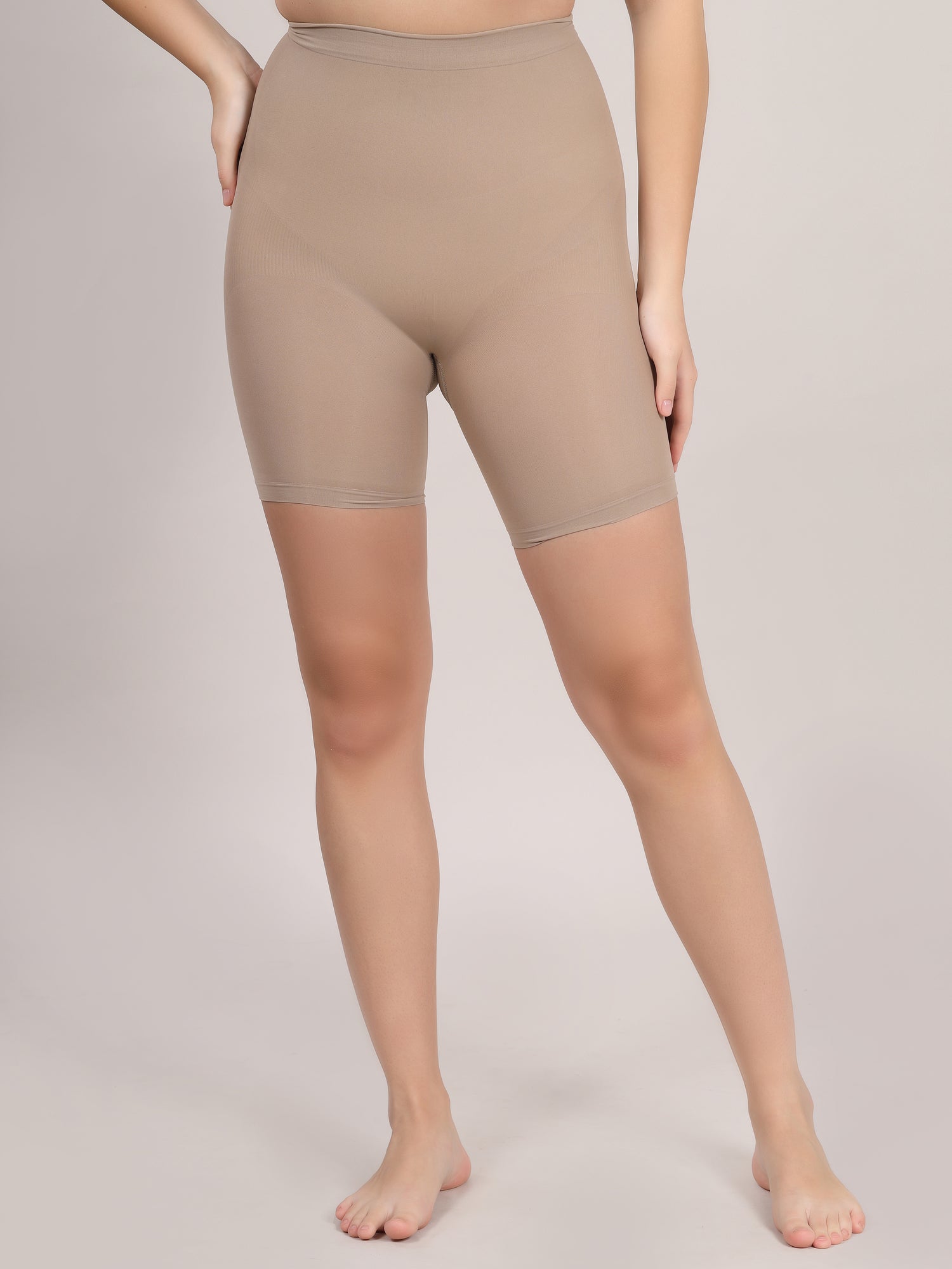 Beige high-waisted butt lifter shaping shorts front view by Sottura