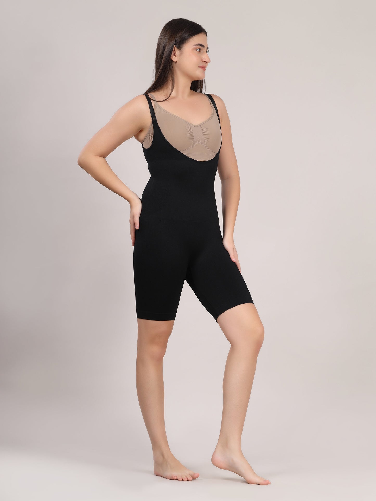 Black full body shaper side view with hip and thigh control