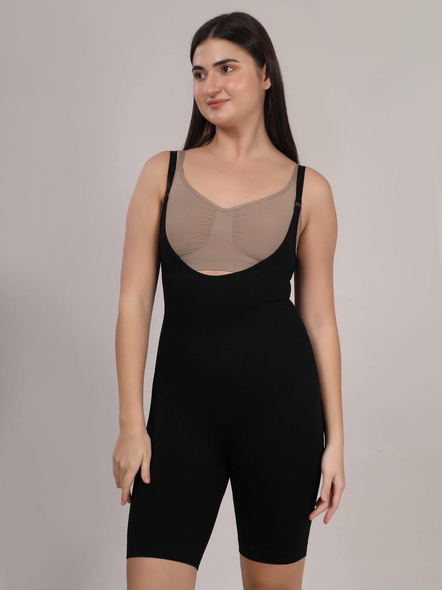 Black open bust full body shapewear detail view by Sottura