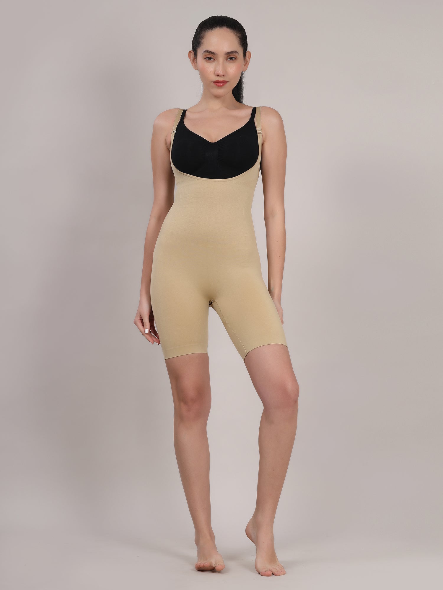 Beige open-bust full body shaper front view by Sottura