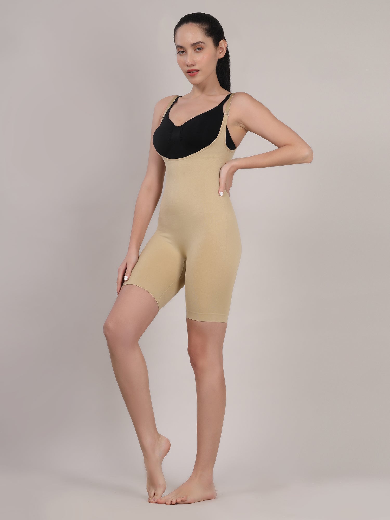 Beige open bust shapewear showing tummy and waist smoothing