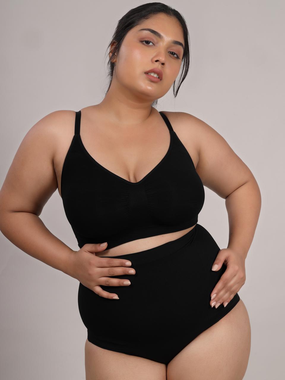 Black seamless V-neck bralette front view by Sottura